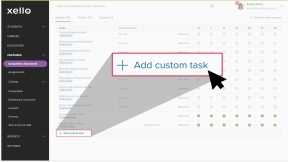 Educator account in Xello on the Completion Standards configuration page. At the bottom of the tasks list, the cursor is selecting Add custom task